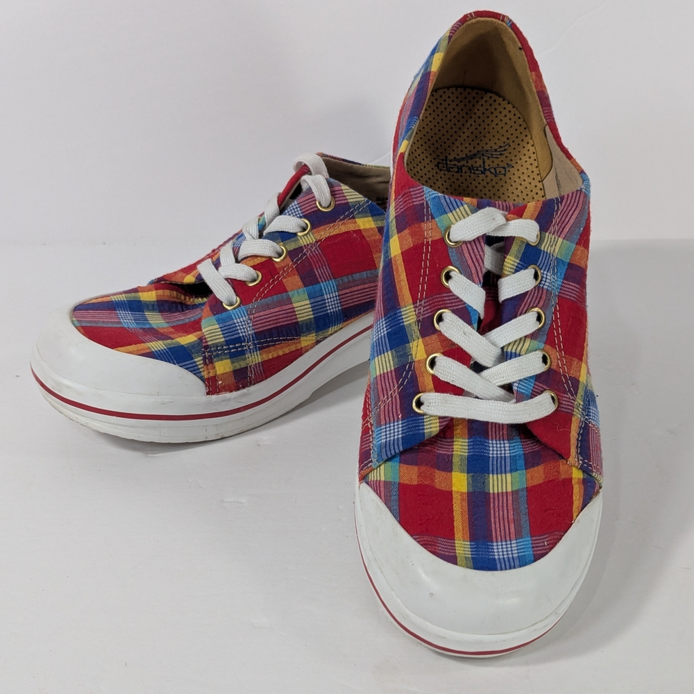 Dansko Shoes Veda Madras Red Plaid Lace-Up Heeled Sneakers Nursing Women  9.5-10